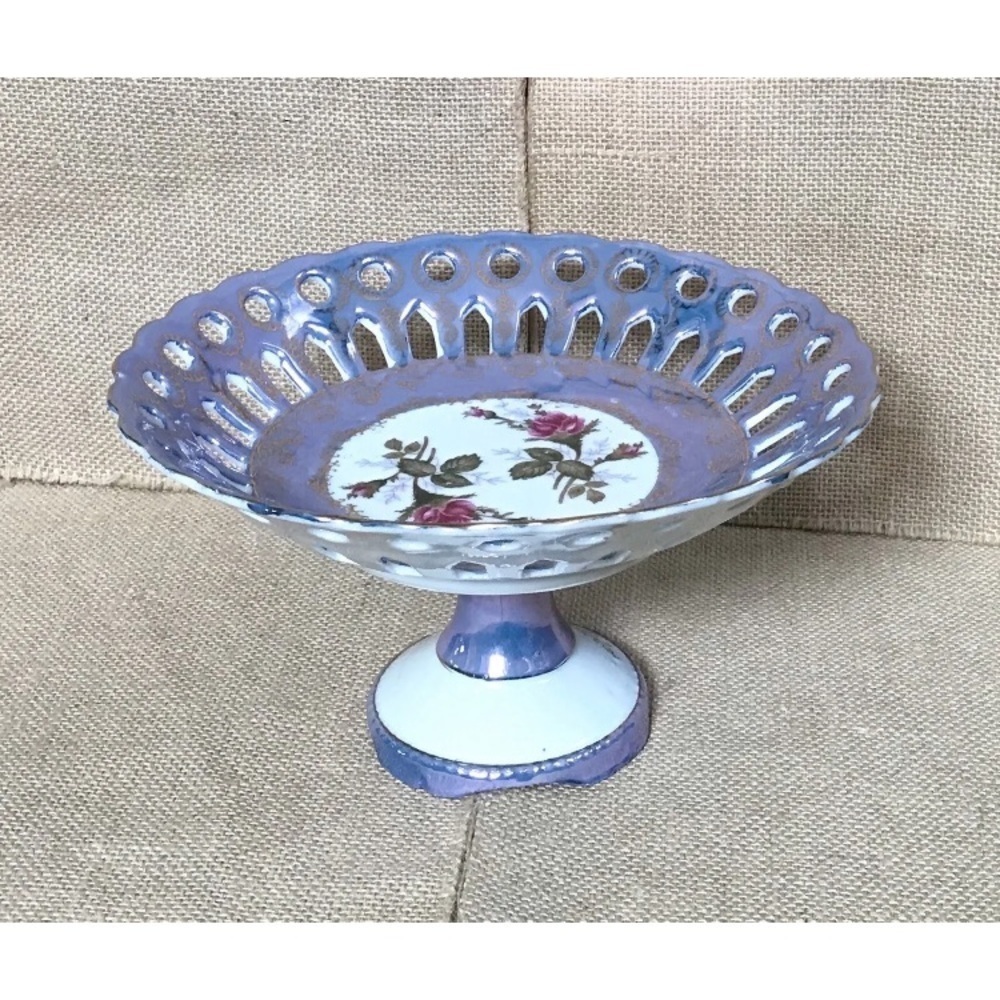 Vintage Lusterware Floral Pedestal Basket Bowl Centerpiece MCM Victorian Cottage